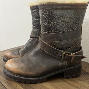 NWOB Ross & Snow Womens Shearling‎ Boots Brown Winter Distressed Moto Style sz 8